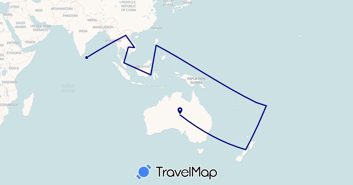 TravelMap itinerary: driving in Australia, Fiji, Indonesia, Cambodia, Laos, Sri Lanka, Malaysia, New Zealand, Philippines, Tonga, Vietnam (Asia, Oceania)